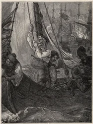 Gresk uavhengighetskrig 1821 - 1829: Konstantin (Konstantin) Kanaris (Konstantinos Canaris) brenner flaggskipet til den tyrkiske flåten før Chios
