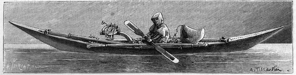 Grønlandsutstilling ved Geography Society, Paris: Modell av en kajakk laget av eskimoer. Gravering i "" Nature: gjennomgang av vitenskapene og deres anvendelser på kunst og industri "" av 16. februar 1889.