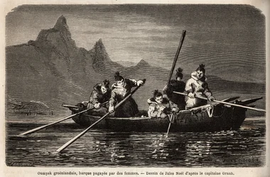 Greenland Umyak, type båt som drives av kvinner. Gravering for å illustrere reisen til det frie havet på den arktiske polen, av doktor Hayes, kirurg ved den amerikanske marinen, i 1860-1862, publisert i "Le tour du monde, nouveau journal des voyages", redi
