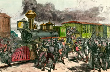 Greve på jernbanelinjen som forbinder Baltimore, Ohio Arbeidere jager sjåfører og ingeniører fra et tog på vei til Baltimore. 1877 1800-talls gravering Privat samling