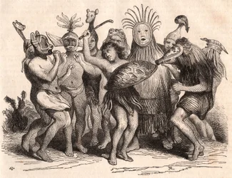 Gruppe brasilianske villmenn som danser med kostymer, masker og tradisjonelle hodeplagg