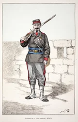 Fredens voktere mobiliserer (1870-1871). Etsning i farger, for illustrasjon "" History of the corps of peacekeepers""" bok utgitt i regi av Louis Lepine (1846-1933), prefekt for politiet på Seinen, av Alfred Rey (1864-?) og Lo
