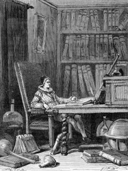 Guillaume Gilbert (1540 - 1603) skriver sin avhandling "De arte magnetica"" rundt 1600. Gravering 1800-tallet