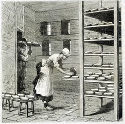 Haloir (eller tørketrommel) for fremstilling av camembertost - i "" The wonders of the industry"" av Louis Figuier