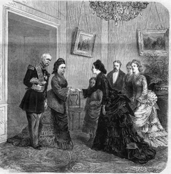 Håndholdt mellom Elisabeth de Mac Mahon (1834-1900) og den østerrikske imponen Elisabeth de Wittelsbach (1837-1898) (Sissi) under besøket av den franske republikkens president Patrice de Mac-Mahon (1808-1893) i Østerrike. 1875. Gravering i «Universet