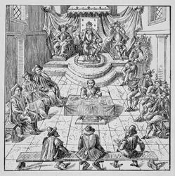 Henri III (1551 - 1589) som holdt Estates Génales i Blois i 1576 - i "" Samling av 39 figurer som representerer ulykkene i Frankrike fra 1562 til 1586""; Louis Perrin imprimerie