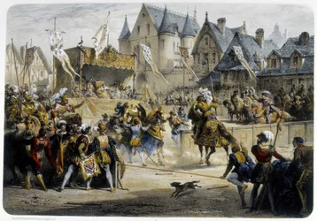 Henri II (1519 - 1559) såret dødelig av Montgomery under turneringen 29. juni 1559, rue St Antoine, foran Palais des Tournelles - litografi