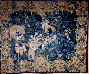 Hercules skyter ned Hydra av Lerna som brenner hans tjener Iolaus Tapestry ull og silke, anonym, sent på 1500-tallet. Se, renessansens nasjonalmuseum.
