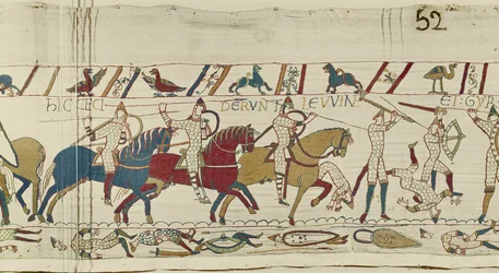 Here fell the brothers of Harold: Gyrth and Leofwine, Bayeux Tapestry (wool embroidery on linen)