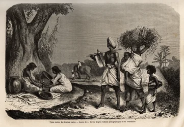 Hindutyper av forskjellige kaster, en familie av vaysias (handlere), ved foten av treet, to kvinner fra sudras-kasten