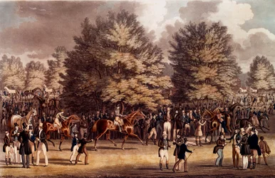 Hippisme: forberedelsene før løpet i Epsem, England. Litografi av 1836 Privat samling