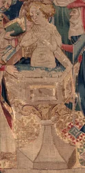 History of Saint Piat og Saint Eleuthère, Scene 13: Dåp av Blanda (Hvordan de gode hellige døpte dattertribunen som samlet inn penger ved et veldig stort mysterium: Blande som var mor til den gode helgen). Detalj.