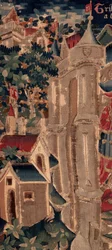 Historien om Saint Piat og Saint Eleuthère, scene 14: Pesten knekker byen Tournai. Detalj.