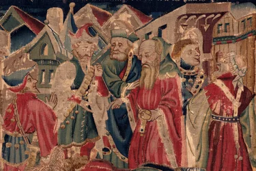 Historien om Saint Piat og Saint Eleuthère, scene 14: Pesten knekker byen Tournai. Detalj.