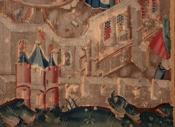 Historien om Saint Piat og Saint Eleuthère, Scene 6 Detalj til høyre nederst. Byens festningsmurer.