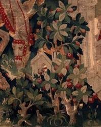 Historien om Saint Piat og Saint Eleuthère, scene 8 Detalj midt til høyre. Naturscene, busker.