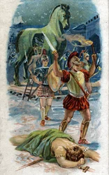 History of the life of Achilles, legendary heros of the Trojan War: The Capture of Troy. Achilles ahead of the city thanks to the horse. Chromolithography of 1890.