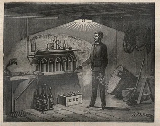 Home Electricite: Installation of the battery invented by Radiguet in a cellar - Engraving In “La Science francaise”