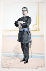 Honorat, avdelingsinspektør for det kommunale politi (1884). Etsning i farger, for illustrasjon "" History of the Corps of Peacekeepers""" bok utgitt i regi av Louis Lepine (1846-1933) prefekt for politiet på Seinen, av Alfred Rey