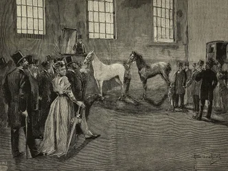 Hesteauksjon i Tattersall, Storbritannia, gravering fra L#39;Illustrazione Italiana, år XXI, nr. 21, 27. mai