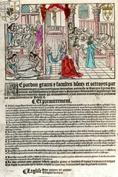 Sykehus på 1500-tallet: Avlatsbrev (Til høyre: en sykehusscene. Agauche: døende og død). Gravering fra 1500-tallet. Privat samling.
