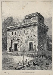 Housing of the Incas - gravering av 1889 i "History of human habitation at the Universal Exhibition of 1889, by Mr Charles GARNIER - Librairie centrale des beaux-arts Paris 1889