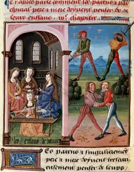 Hvordan foreldre bør tenke på barna sine; barna til Octavian lærer ridderlighet og ullarbeid"" Miniatyr hentet fra "" Le livre de bonnes moreurs de Jacques Legrand"""