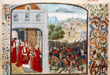 Hundreårskrig: "" Pave Gregoire XI (1329-1378) kronet Avignon i 1370. Slaget ved Pontvallain mellom fransk og engelsk 4.12.1370"" Miniatyr fra "Chronicles"" av Jean Froissart (1337-1400) Paris fra 1400-tallet. B.N.