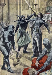 Hundreårskrigen: «Representasjon av den franske heltinnen Jeanne d#39;Arc (1412–1431) som hindrer soldatene til Karl II d#39;Albret i å plyndre kirken Saint-Pierre-le-Moutier, Nièvre-Burgund, 11. april 1429» (fransk heltinne Jeanne d#39;Arc som kjemper mot