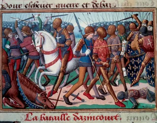Hundreårskrig: "" Slaget ved Agincourt den 25.10.1415"" Miniatyr fra manuskriptet til "" Vigiles of King Charles VII"" av Martial d