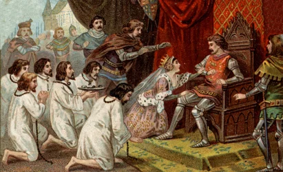 Hundreårskrig. Borgerskapet i Calais: devouering av Eustache av St. Peter og hans følgesvenner til kong Edward III av England ber om deres nåde, støttet av dronning Philippa av Hainaut (1311-1369). Kromolitografi fra slutten av 1800-tallet.