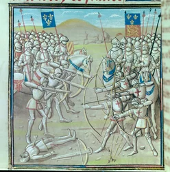 Hundreårskrig: slaget ved Crecy 26.08.1346 mellom franskmennene og engelskmennene. Miniatyr fra et manuskript fra 1300-tallet Paris, Bibliotheque de l