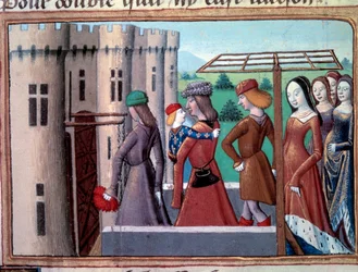 Hundreårskrig: delfinen og den fremtidige kongen Charles VII vender tilbake til Paris etter å ha flyktet til Bourges på tidspunktet for borgerkrigen mellom Armagnacs og burgundere den 29.05.1418, juni 1418. Miniatyr fra "" Vigilles du roi Charles VII "" av