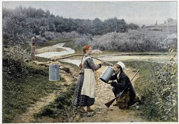 Jeger og jente ved fontenen (Russland) - fotografering, sent på 1800-tallet