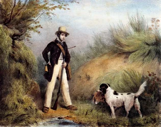 Jeger med hunden sin. 1800-tallstrykk. Gien, jaktmuseum