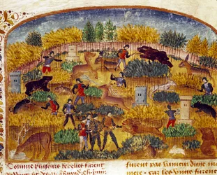 Jaktsceneminiatyr hentet fra "" Faktabok om Alexander den store"" av Quintus Curtius Rufus (Quinte Curce) (1. århundre), ca. 1468. (Ms 1335) Reims. Kommunebibliotek