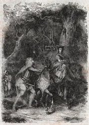 Hypalca Arreted by Rodomont - 1851 gravering fra "" Furious Roland"" (Orlando furioso) (1500-tallet) av Ludovico Ariosto, kjent som Ariosto - Utgave oversatt fra italiensk av greven av Tressan og utgitt av Gustave Harvard 1851