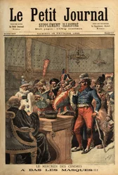 Illustrasjon for askeonsdag, etter karnevalet i Mardi Gras, passerer festkostymene foran dommeren for å avduke seg selv. Gravering i "" Le petit journal"" 18/02/1893. Selvas samling.