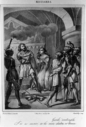 Illustrasjon for den siste scenen i akt V av "Ricciarda" av den italienske poeten og dramatikeren Ugo Foscolo (1778-1827) 1800-tallet
