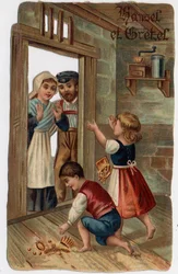 Illustration for the tale of the brothers Grimm “Hansel and Gretel””: Hansel and Gretel returned to their homes, gave their parents the jewels they had had. Chromolithography of the late 19th century.