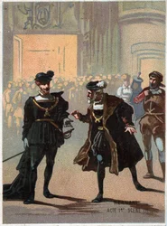 Illustration of “” Ernani” by Italian composer Giuseppe Verdi (1813 - 1901), act 1, scene II opera created in 1844 after the tragedie “” Hernani”” by Victor Hugo. Chromolithography of the late 19th century.