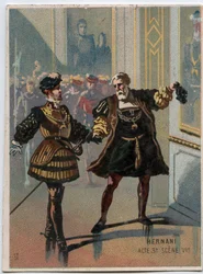 Illustrasjon av "" Ernani" av den italienske komponisten Giuseppe Verdi (1813 - 1901), akt 3, scene VI opera opprettet i 1844 etter tragedien "" Hernani"" av Victor Hugo. Kromolitografi fra slutten av 1800-tallet.