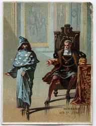 Illustration of “” Ernani” by Italian composer Giuseppe Verdi (1813 - 1901), act 3, scene 2 opera created in 1844 after the tragedie “” Hernani”” by Victor Hugo. Chromolithography of the late 19th century.
