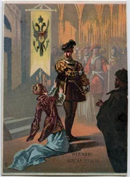 Illustrasjon av "" Ernani" av den italienske komponisten Giuseppe Verdi (1813 - 1901), akt 4, scene IV opera opprettet i 1844 etter tragedien "" Hernani"" av Victor Hugo. Kromolitografi fra slutten av 1800-tallet.