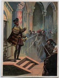 Illustration of “” Ernani” by Italian composer Giuseppe Verdi (1813 - 1901), act 4, scene I opera created in 1844 after the tragedie “” Hernani”” by Victor Hugo. Chromolithography of the late 19th century.