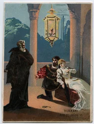 Illustrasjon av "" Ernani" av den italienske komponisten Giuseppe Verdi (1813 - 1901), akt 5, scene VI opera opprettet i 1844 etter tragedien "" Hernani"" av Victor Hugo. Kromolitografi fra slutten av 1800-tallet.
