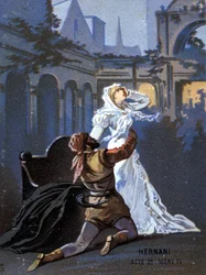 Illustrasjon av "Ernani" av den italienske komponisten Giuseppe Verdi (1813 - 1901), akt II, scene 4, opera laget i 1844 etter Victor Hugos tragedie "Hernani". kromolitografi fra slutten av 1800-tallet..