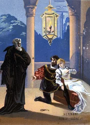 Illustrasjon av "Ernani" av den italienske komponisten Giuseppe Verdi (1813 - 1901), akt V, scene 6, opera laget i 1844 etter Victor Hugos tragedie "Hernani". kromolitografi fra slutten av 1800-tallet..