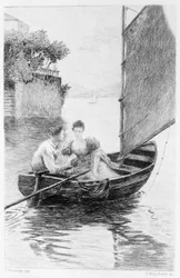 Illustrasjon til «Rødt og svart» av Stendhal. 1830. Julien Sorel og Madame de Rênal avbildet i en seilbåt. Gravering fra slutten av 1800-tallet.