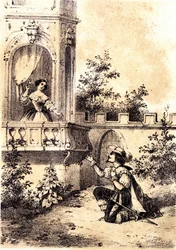 Illustrasjon av sangen "The King made the drum beat"": en mann som erklærte sin kjærlighet til en kvinne ved vinduet hans. sd.